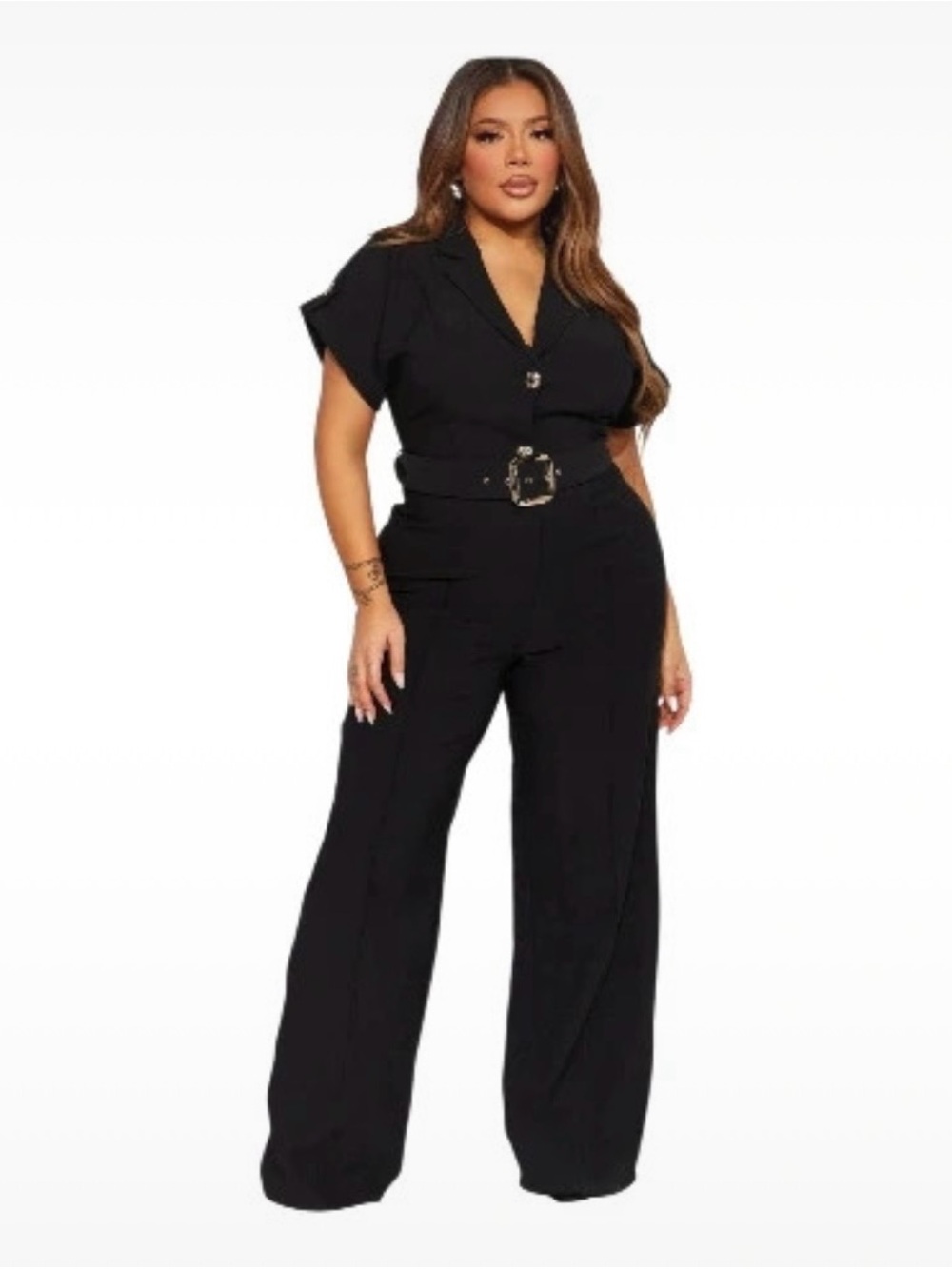 Fashion Nova Black Belted Wide-Leg Jumpsuit